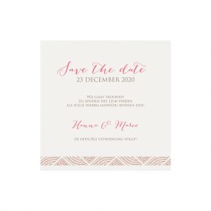 Chique save the date kaart met subtiel patroon in roze en goud