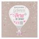 Lieflijk geboortekaartje met stoere luchtballon en roze/wit touwtje