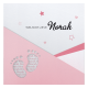 Modern roze geboortekaartje met strakke lijnen en lieve voetjes.