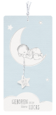 Lief geboortekaartje met zilveren accenten, mooi geïllustreerd slapend kindje op de maan en leuk label in de vorm van een ster.